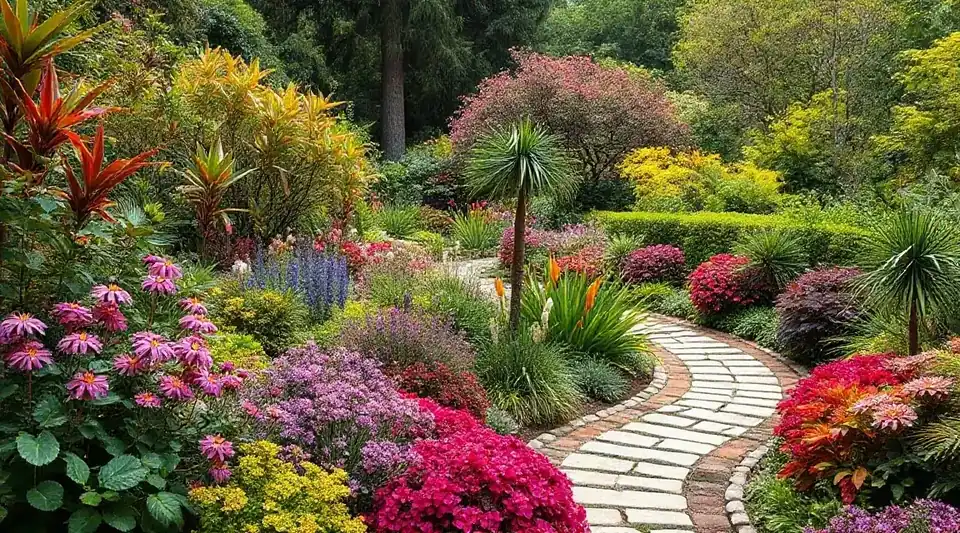 Flower beds with a paved path winding through a landscaped garden