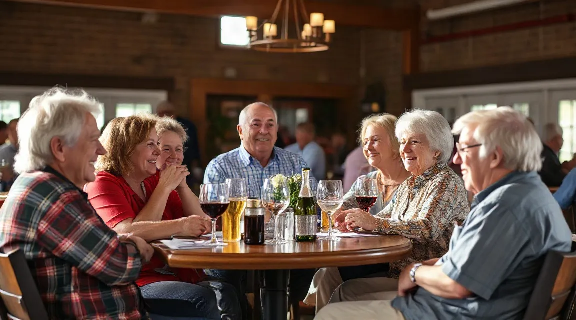 Older adults laughing around a round table in a timber-beamed dining room