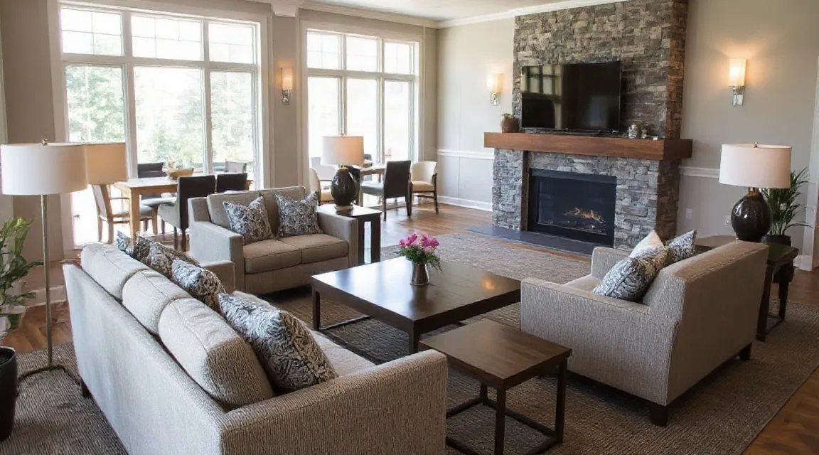 Living room with a stone fireplace, grey sofas and large windows