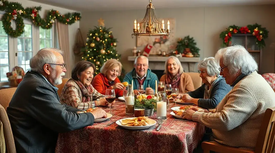 Older adults sharing a meal at a table with Christmas garlands and a tree behind them