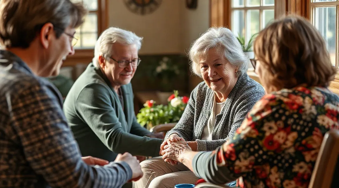 Three older adults talking closely in a warm sitting room
