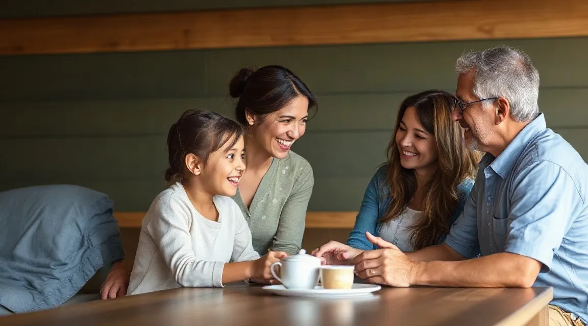 Parents and two daughters sharing tea around a wooden table