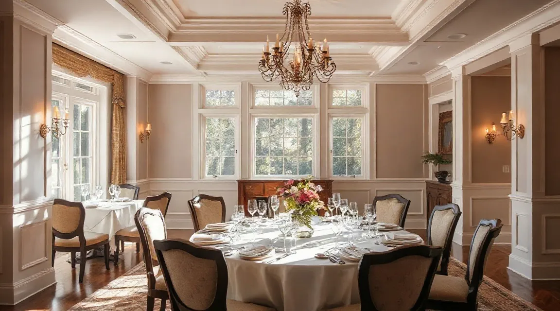 Formal dining room with round tables, chandeliers and tall windows