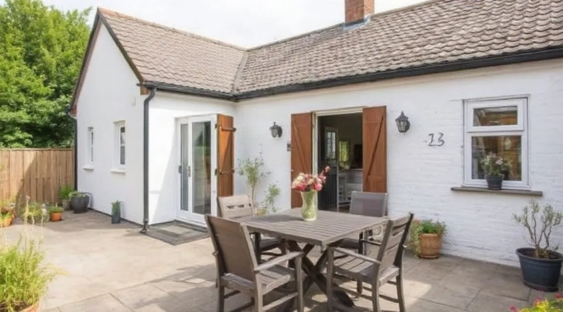 White single-storey cottage with shuttered doors and a paved patio with a table and chairs