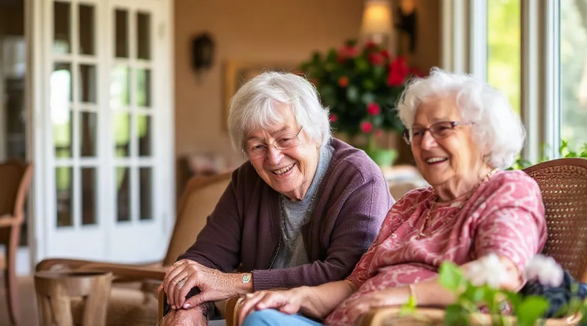 Two older women laughing together in a sunny room with flowers