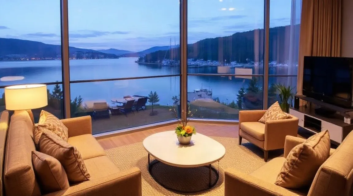Living room with armchairs and a sofa facing floor-to-ceiling windows and a view over water and hills