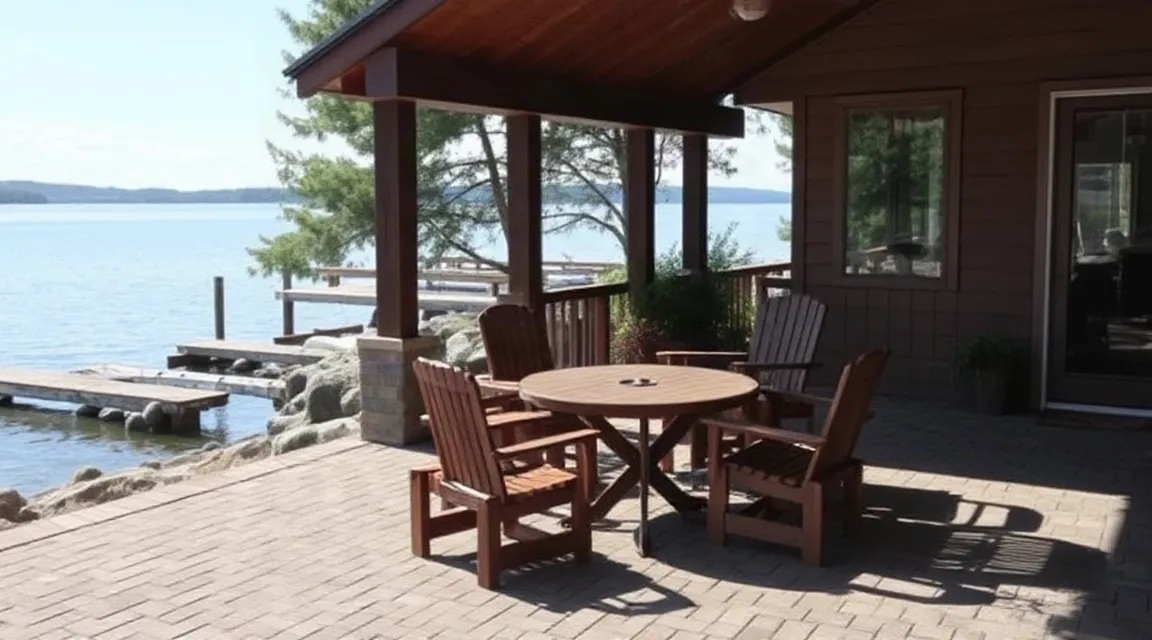 Timber terrace with chairs and a table beside a lake