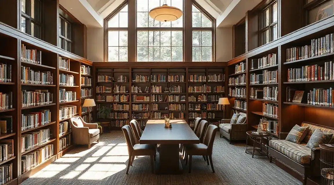 Wood-panelled library with tall shelves and a long reading table
