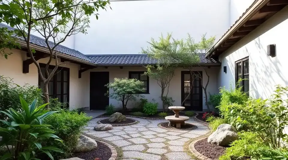 Stone-paved courtyard with trees and a small water basin between white walls