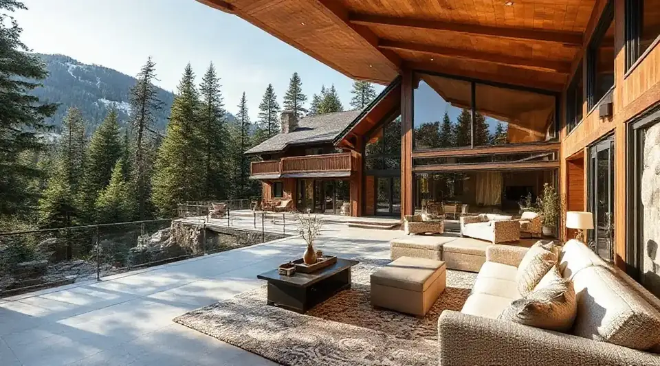 Timber house with a wide covered terrace among pine trees and mountains