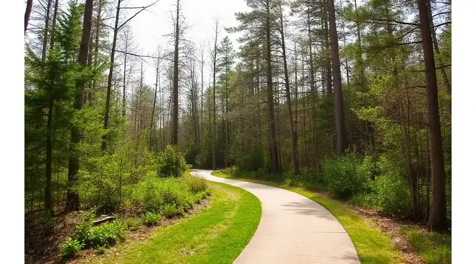 Paved path curving through pine woodland