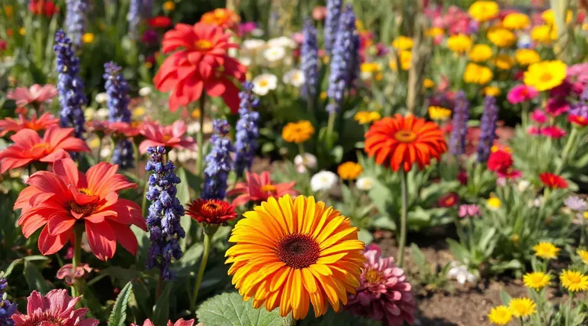 Dense flower bed of red, yellow and purple blooms