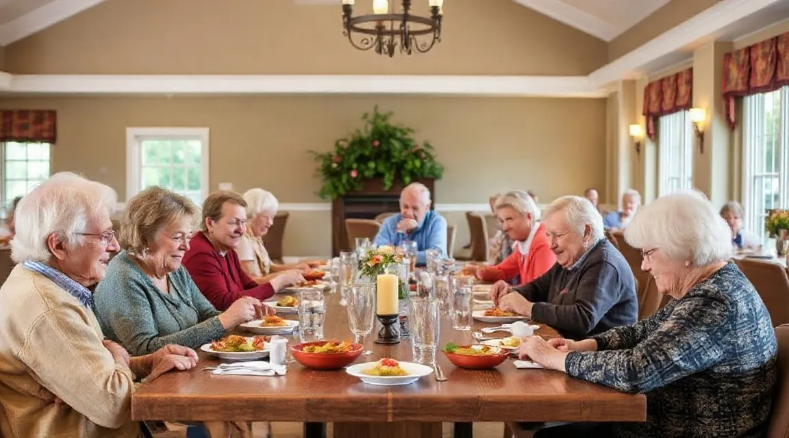 Older adults sharing a meal at a long wooden dining table