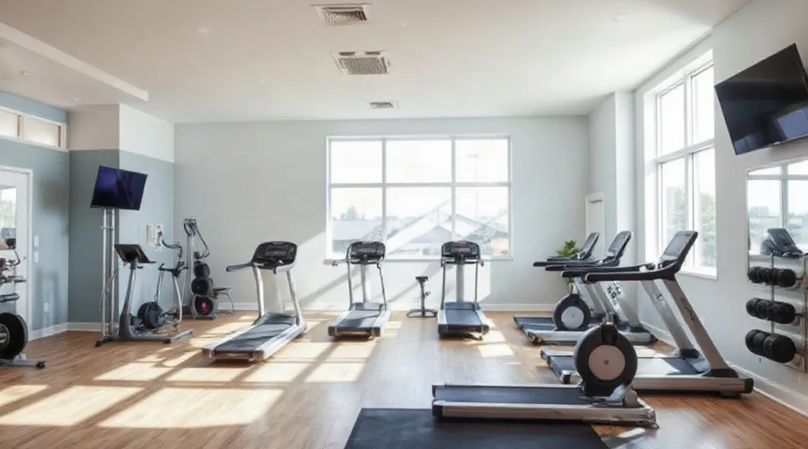 Bright exercise room with treadmills and tall windows