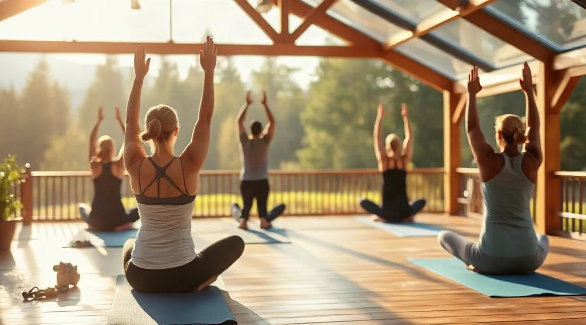 Adults stretching with raised arms in a timber-framed room with large windows
